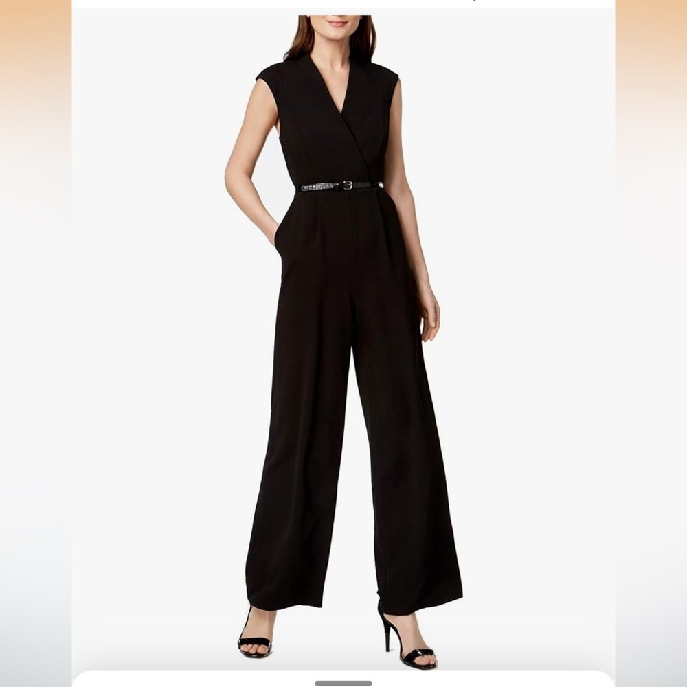 Calvin Klein Womens Black Belted Dressy Sleeveless Jumpsuit